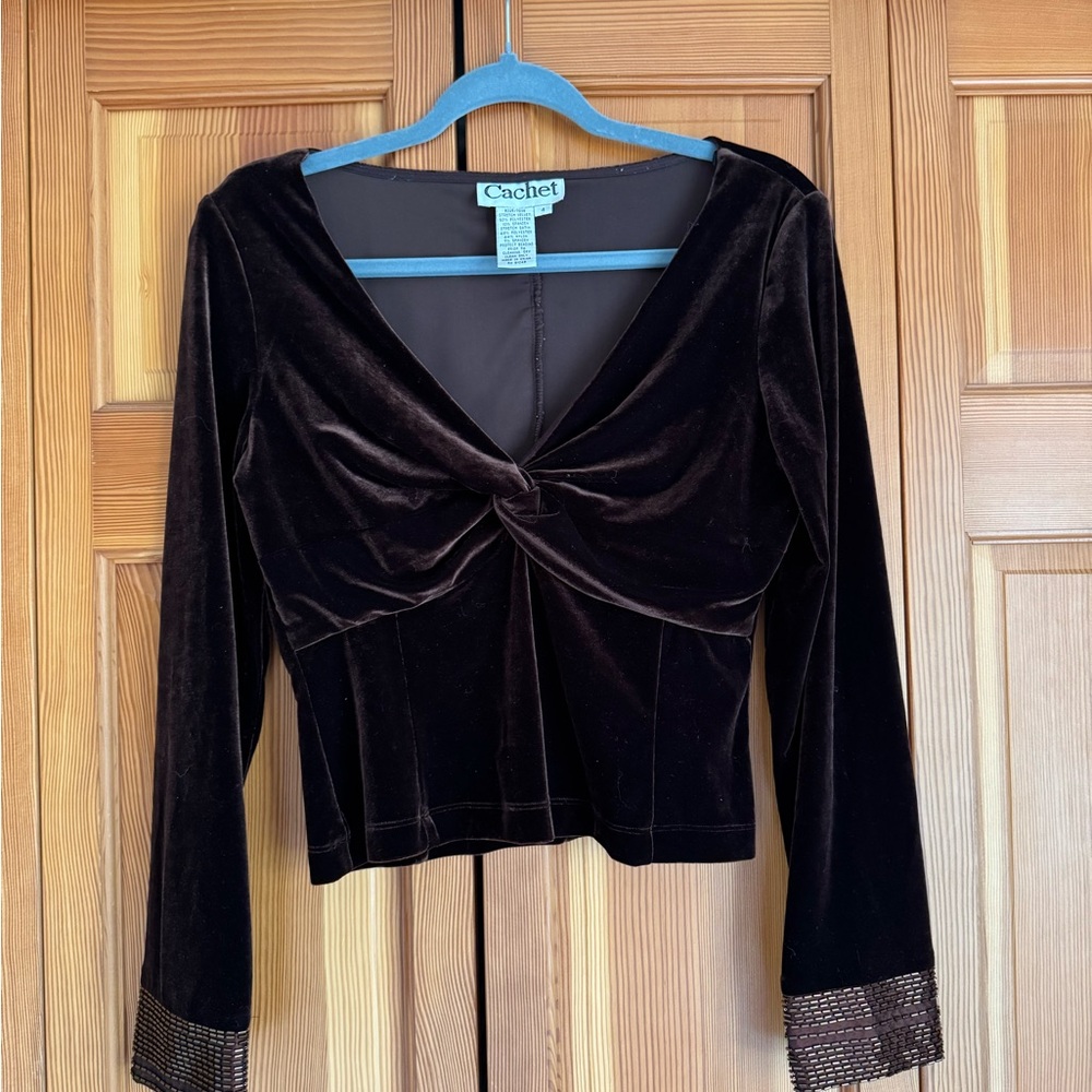Cachet Brown Velvet Beaded-Cuff Twist-Front Long Sleeve Blouse Size 4 Vintage